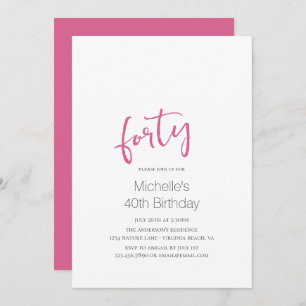 Hot Pink Trendy Modern Minimalist 40th Birthday Invitation