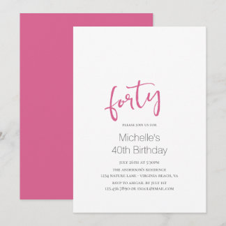 Hot Pink Trendy Modern Minimalist 40th Birthday Invitation