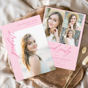Hot Pink Trendy Photo Graduation Party Invitation