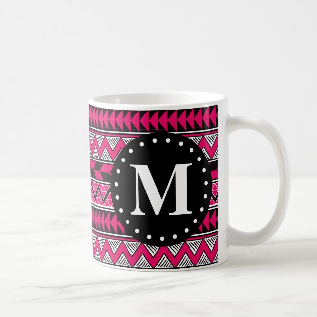 Hot Pink Tribal Chevron Pattern Monogram Coffee Mug (Right)