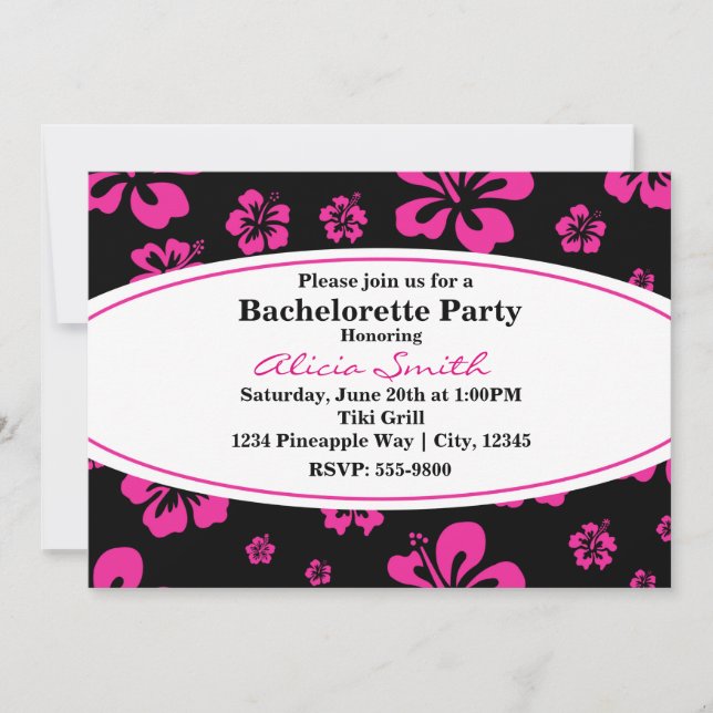 Hot Pink Tropical Hibiscus Floral Black Invitation (Front)