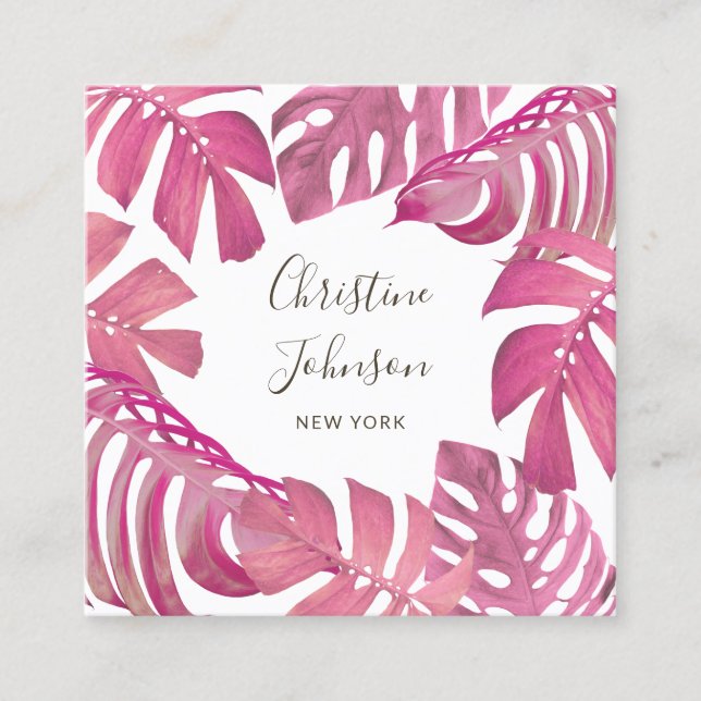 hot pink tropical leaves square business card (Front)