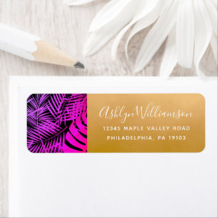 Hot pink tropical palm leaf script gold address