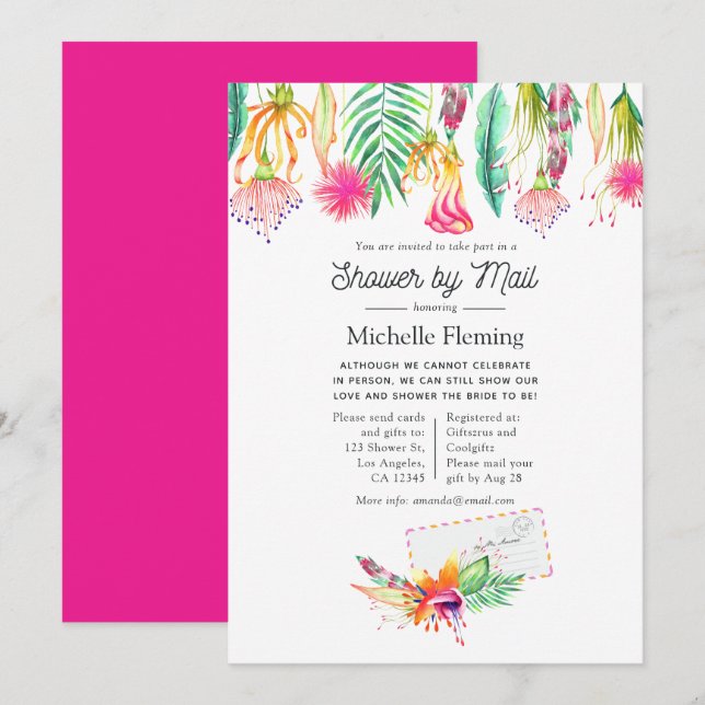 Hot-Pink Tropical Summer Bridal Shower by Mail Invitation (Front/Back)