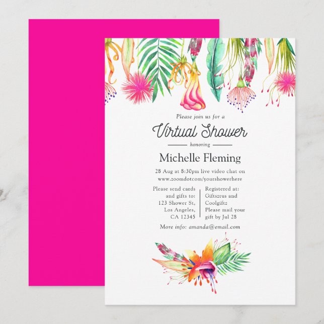 Hot-Pink Tropical Summer Virtual Baby Shower Invitation (Front/Back)