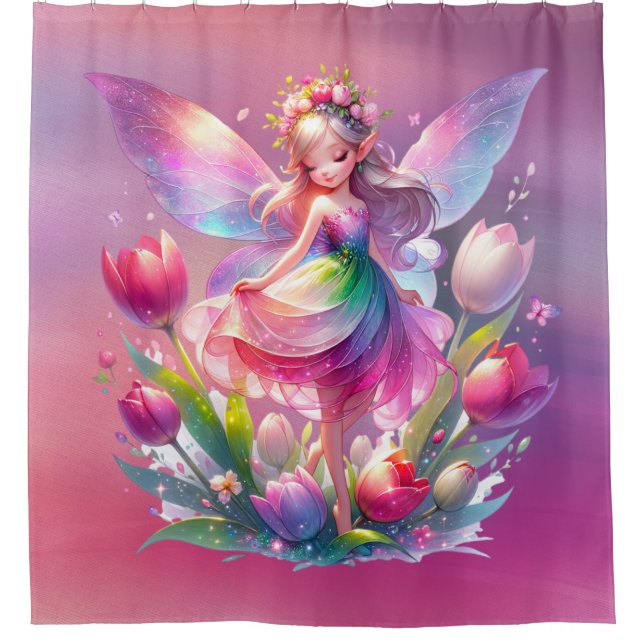 Hot Pink Tulip Fairy Princess Girls Shower Curtain (Front)