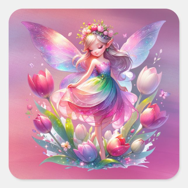 Hot Pink Tulip Fairy Princess Girls Square Sticker (Front)