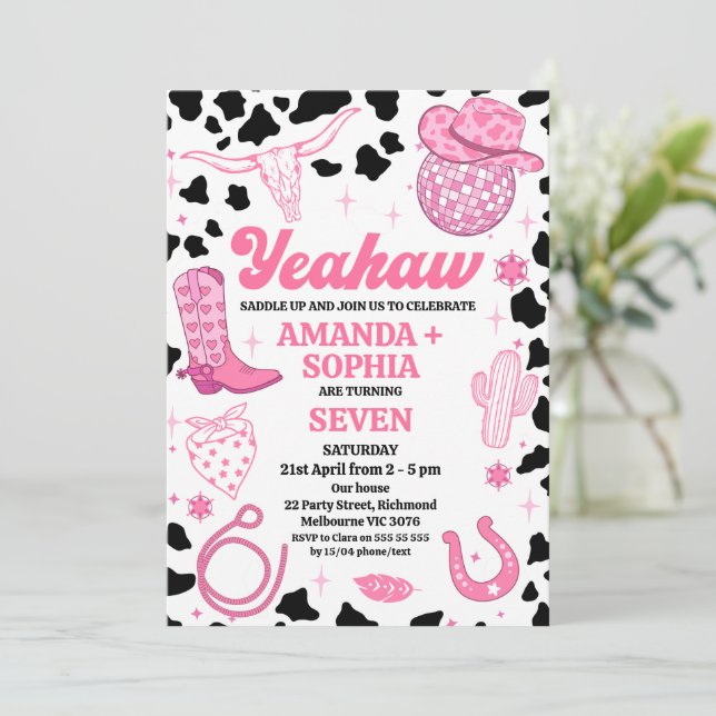 Hot Pink Twin Cowgirl Rodeo Western Disco Birthday Invitation (Standing Front)