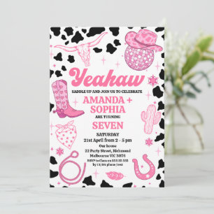 Hot Pink Twin Cowgirl Rodeo Western Disco Birthday Invitation