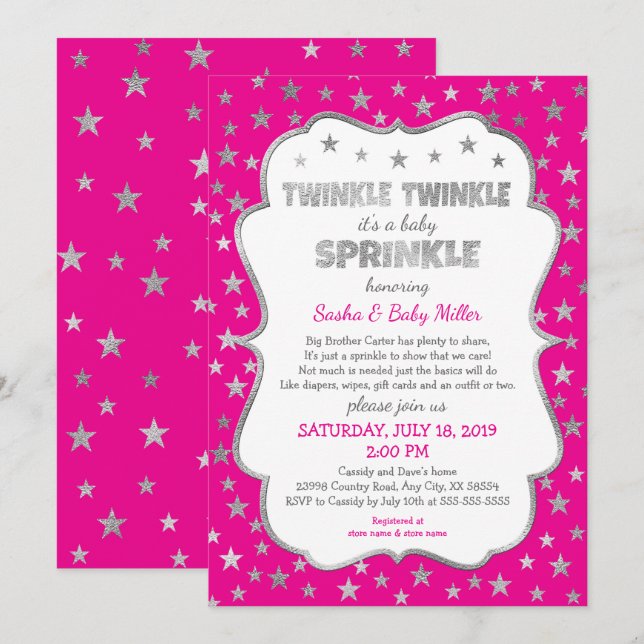 Hot Pink Twinkle Twinkle Baby Sprinkle invitations (Front/Back)