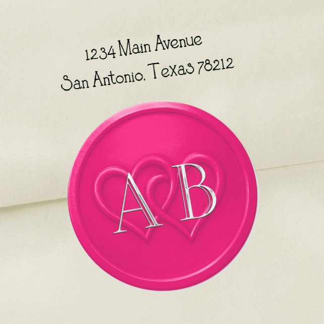 Hot Pink Two Hearts Silver Monogram Wedding Classic Round Sticker (Creator Uploaded)