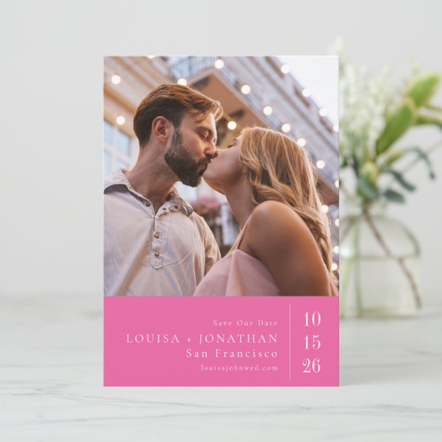Hot Pink Typography Minimalist Two Photo Wedding Save The Date (Standing Front)