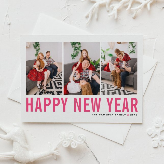 Hot Pink Typography Photo Collage Happy New Year Holiday Postcard (Send new year cheer with this customizable magenta three-photo-collage Happy New Year Postcard. )