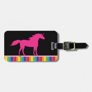 Hot Pink Unicorn on Black and Rainbow Background Luggage Tag