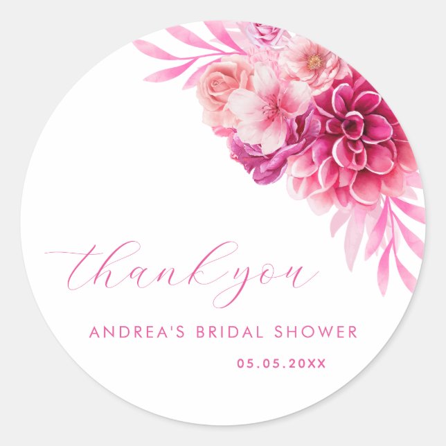 Hot Pink Vibrant Floral Bridal Shower Thank You Classic Round Sticker (Front)