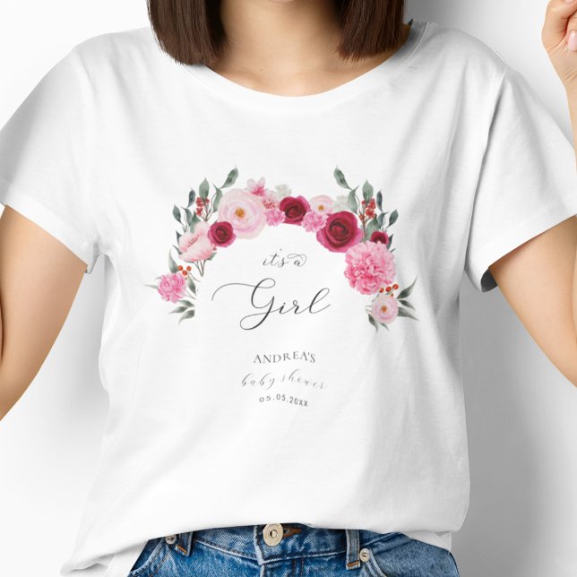 Hot Pink Vibrant Floral It's a Girl Baby Shower T-Shirt (Creator Uploaded)