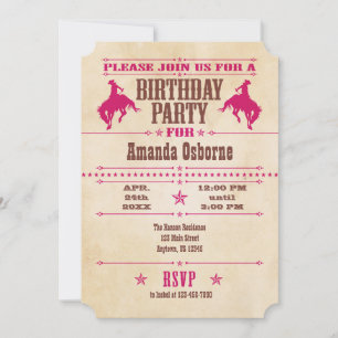 Hot Pink Vintage Cowboy Birthday Invitation