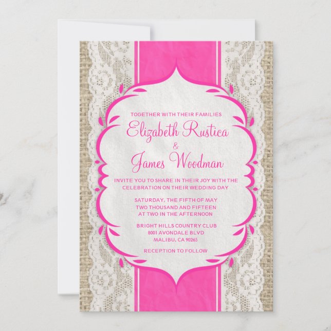 Hot Pink Vintage Linen Burlap Wedding Invitations (Front)
