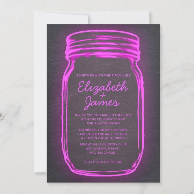 Hot Pink Vintage Mason Jar Wedding Invitations (Front)