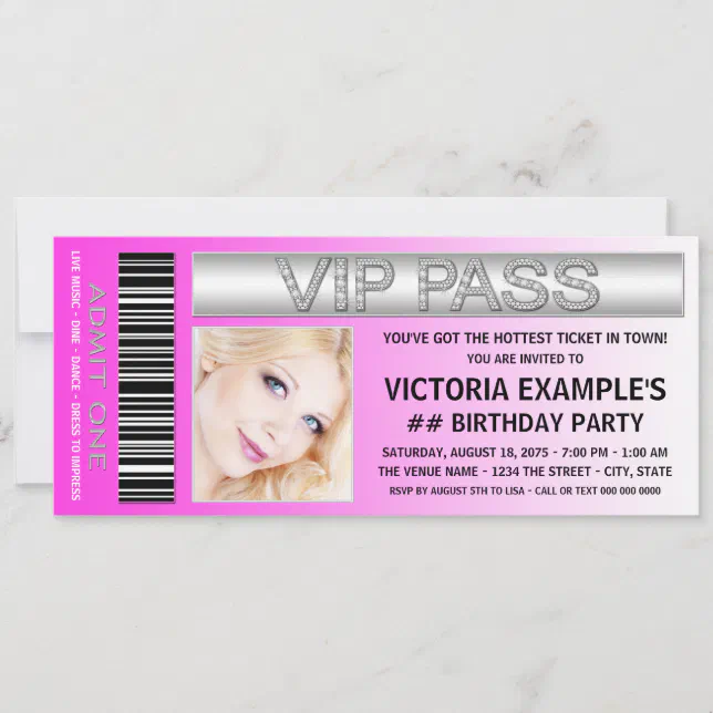 Hot Pink VIP Pass Admission Ticket Birthday Party Invitation | Zazzle
