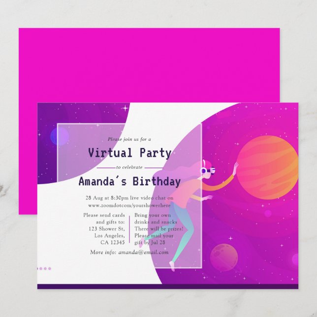 Hot-Pink Virtual Birthday Party Invitation (Front/Back)