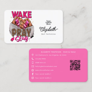 Hot-Pink Wake, Pray, Slay Nail Salon Business Card