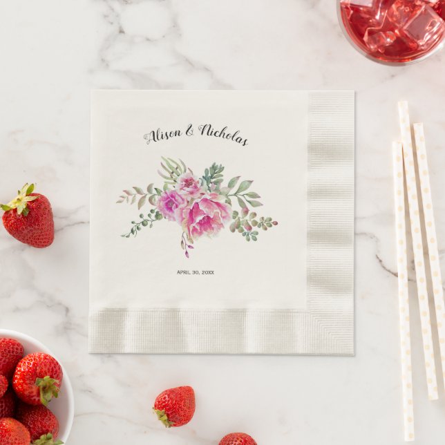 Hot pink watercolor cactus flowers floral wedding napkin (Insitu)