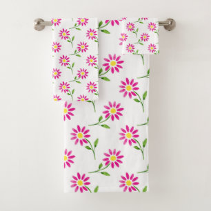 Hot Pink Watercolor Daisy Pattern Bath Towel Set