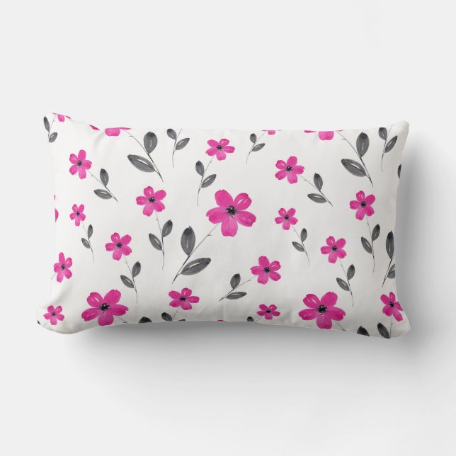 Hot Pink Watercolor Five Petal Flower Pattern  Lumbar Cushion (Front)