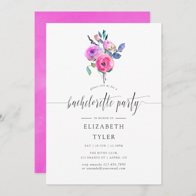 Hot-Pink Watercolor Floral Bachelorette Party Invitation (Front/Back)