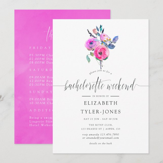 Hot-Pink Watercolor Floral Bachelorette Weekend Invitation (Front/Back)