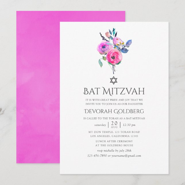 Hot-Pink Watercolor Floral Bat Mitzvah Invitation (Front/Back)