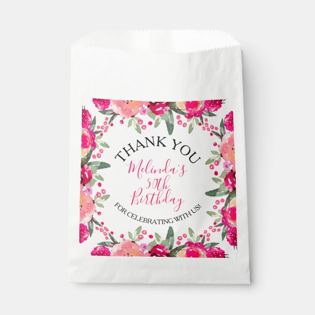 Hot Pink Watercolor Floral Botanical Birthday Favour Bags (Front)