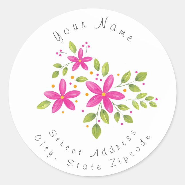 'Hot Pink Watercolor Floral Bouquet' Label (Front)