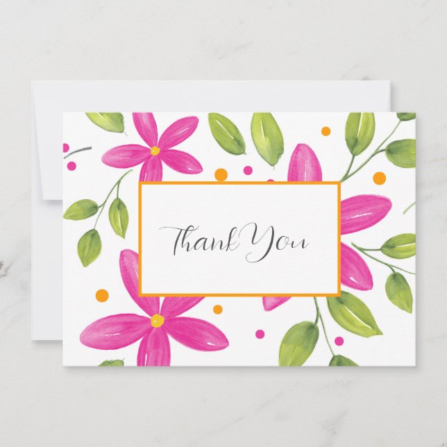 Hot Pink Watercolor Floral Bouquet Thank You Card (Front)