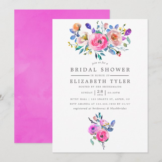 Hot-Pink Watercolor Floral Bridal Shower Invite (Front/Back)