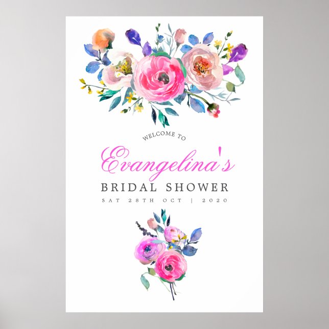 Hot-Pink Watercolor Floral Bridal Shower Welcome Poster (Front)