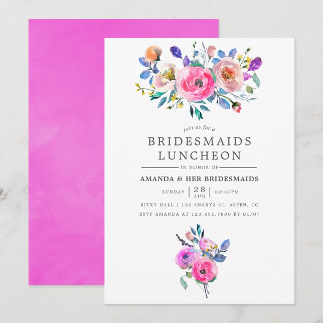 Hot-Pink Watercolor Floral Bridesmaids Luncheon Invitation (Front/Back)