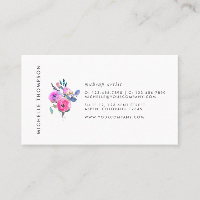 Hot-Pink Watercolor Floral Business Card (Front)