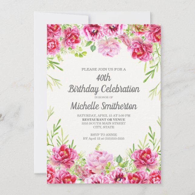 Hot Pink Watercolor Floral Greenery 40th Birthday Invitation (Front)