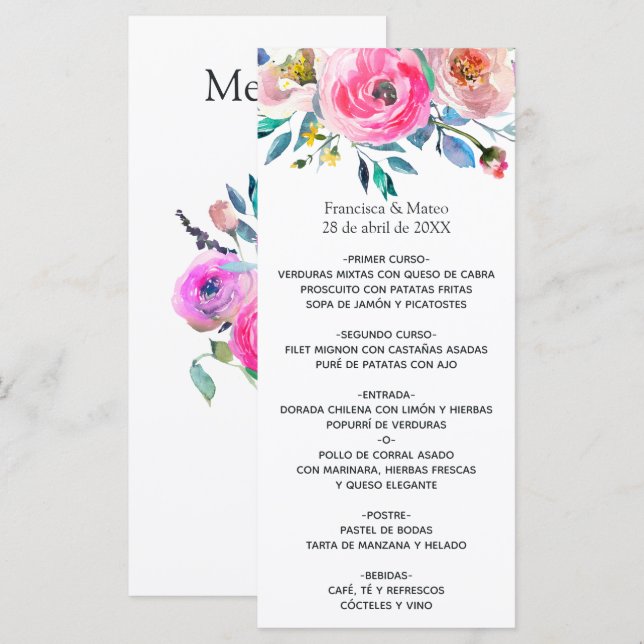 Hot-Pink Watercolor Floral Menu (Front/Back)