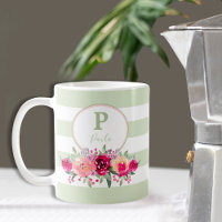 Hot Pink Watercolor Floral Monogram on Mint Stripe