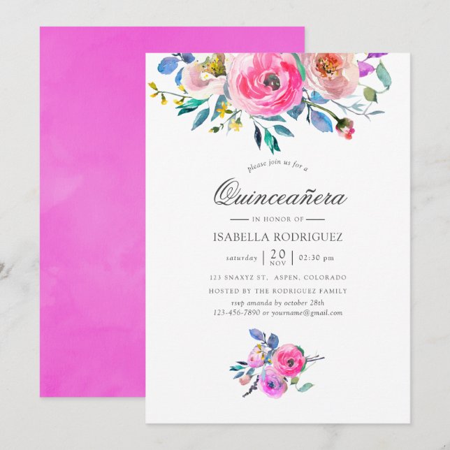 Hot-Pink Watercolor Floral Quinceañera Invitation (Front/Back)
