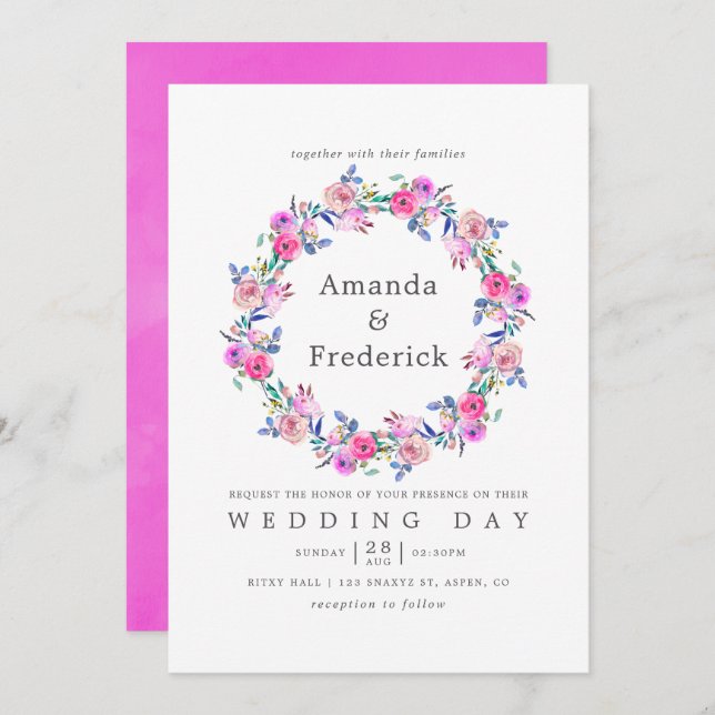 Hot-Pink Watercolor Floral Wedding Invitation (Front/Back)