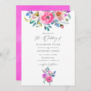 Hot-Pink Watercolor Floral Wedding Invitation