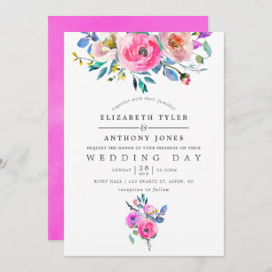 Hot-Pink Watercolor Floral Wedding Invitation