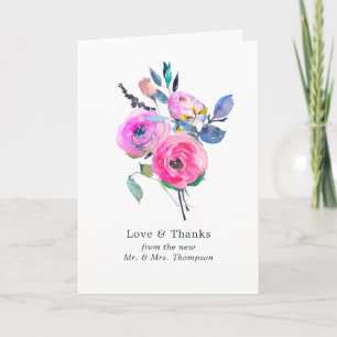 Hot-Pink Watercolor Floral Wedding Photo Thank You Card