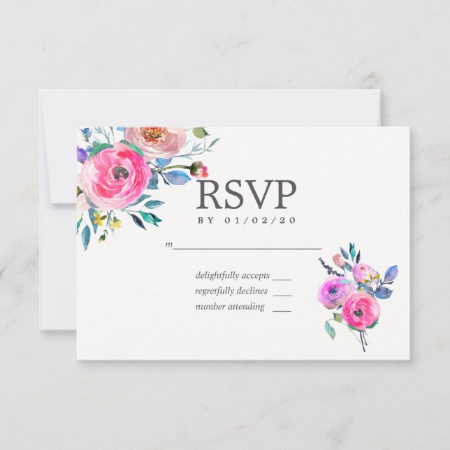 Hot-Pink Watercolor Floral Wedding RSVP (Front)