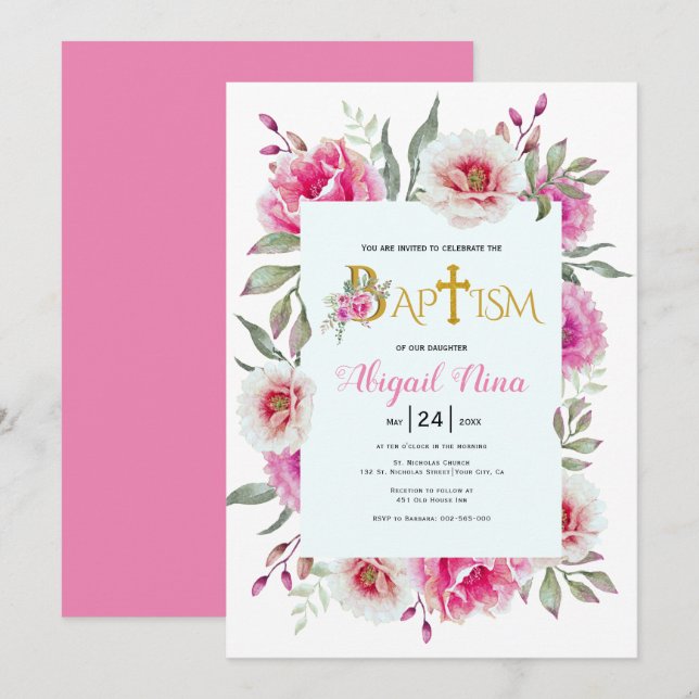 Hot pink watercolor flowers girl floral baptism invitation (Front/Back)