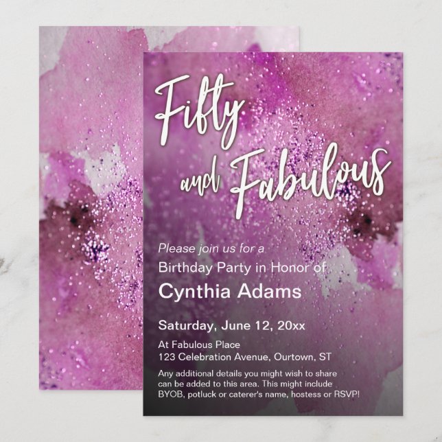 Hot Pink Watercolor Glitter Fifty and Fabulous Invitation (Front/Back)